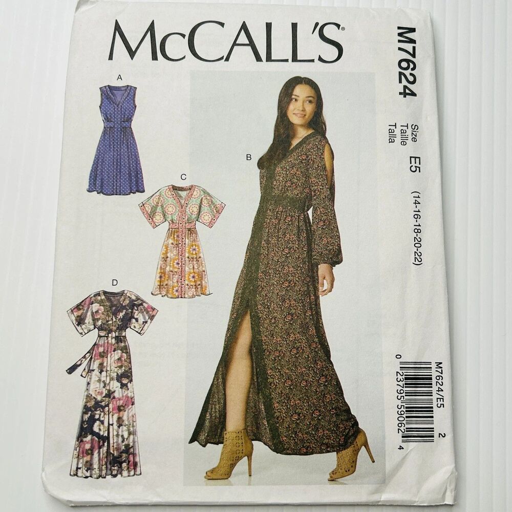 McCalls Sewing Pattern M7624 Kimono Pullover Dress Sleeve Variations Sz 14-22